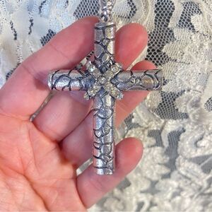 Silver Cross Pendant with Rhinestones NWT Longer Chain Distressed Finish